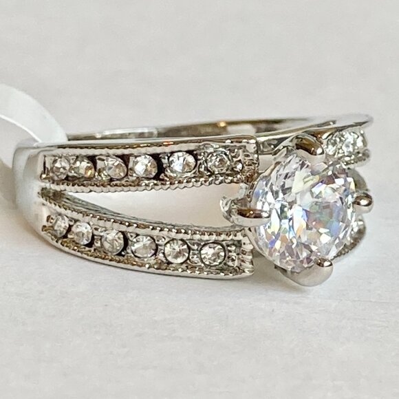 Vintage Silver Cubic Zirconia Cocktail Engagement Ring Size 6 7 8 9 RhodiumPlate - Picture 11 of 15